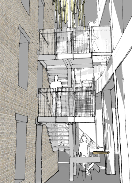 Sketch of the main staircase with cascading feature light illuminating the atrium space.