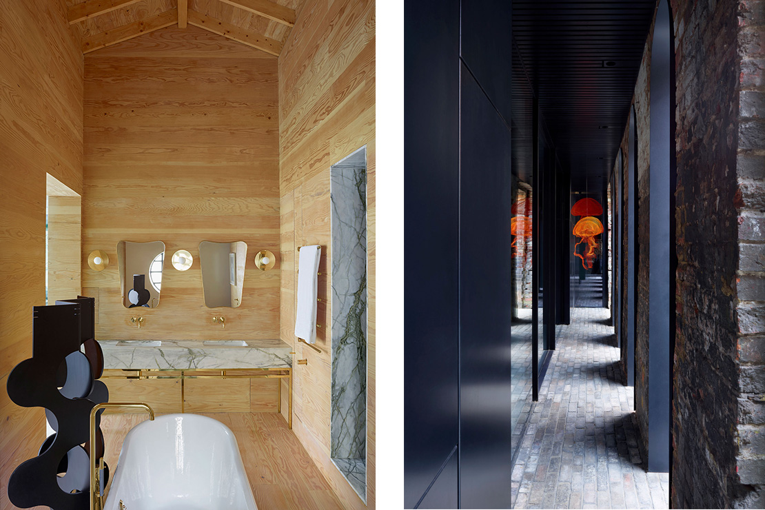 Left: Master bathroom with the Albemarle folding screen designed by Studio Mackereth. Right: An arcade has been formed with new black steel lined arches set into the old Victorian brickwork. Jellyfish by contemporary sculptor Mori Ubaldini twirl in the breeze.