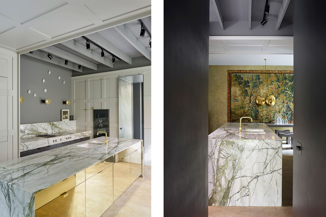 Left: Brass cabinets with marble work surfaces combine with appliances and secret doors concealed in painted panelling in the kitchen. Right: Blackened steel lines an aperture to form an entrance to the kitchen.
