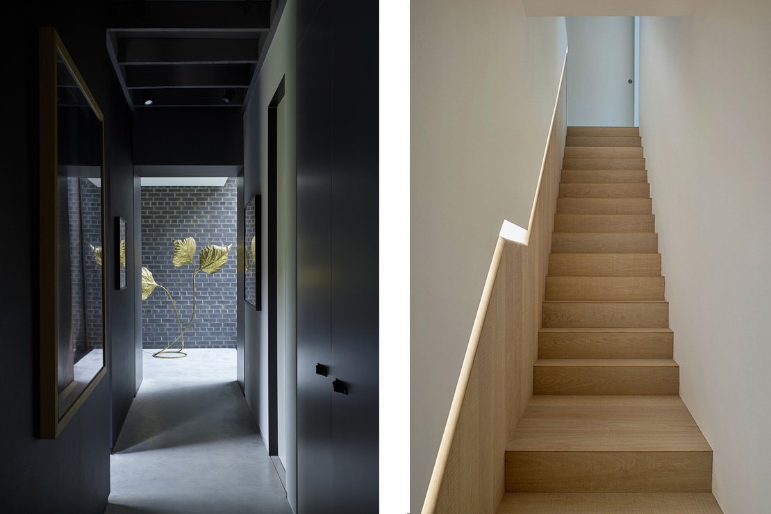 Left: Sombre light from an adjacent brick arcade bathes the polished concrete floors and matt black walls of the 20 metre vista. Right: The main staircase formed in rough sawn oak is softly lit by the glow from a recessed oak handrail.