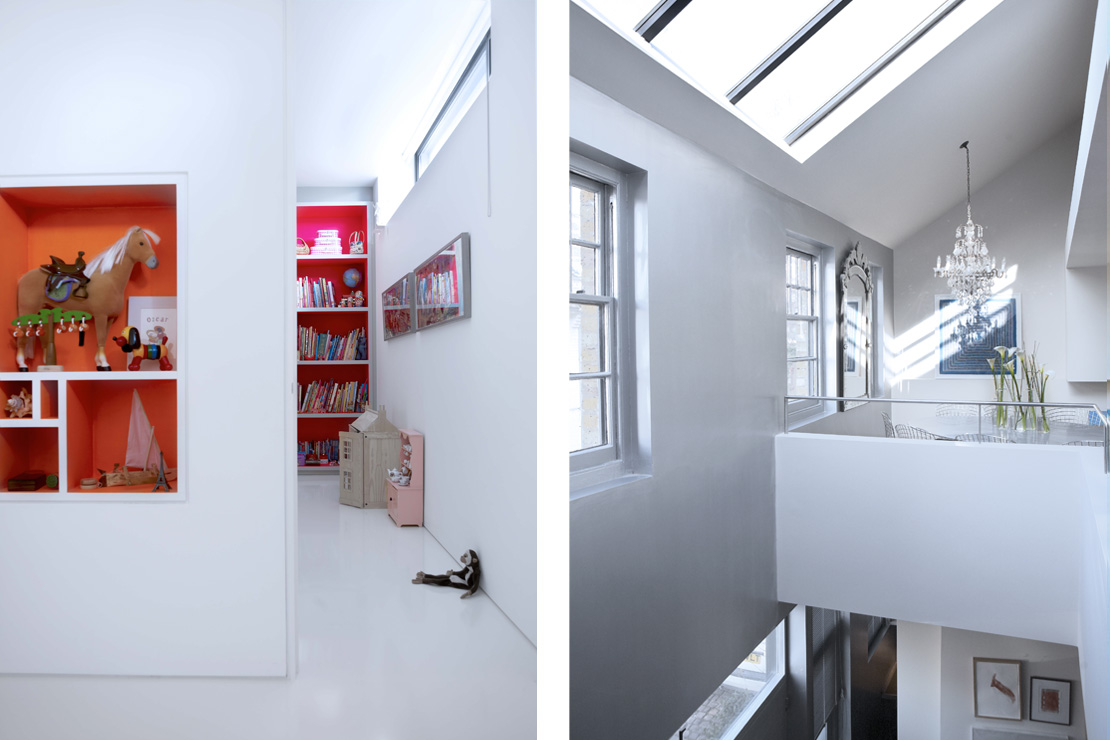 Left: The children's interconnecting bedrooms. Right: The double height wall of the front facade is finished in lacquered metallic silver paint reflecting the natural light from the skylight above.