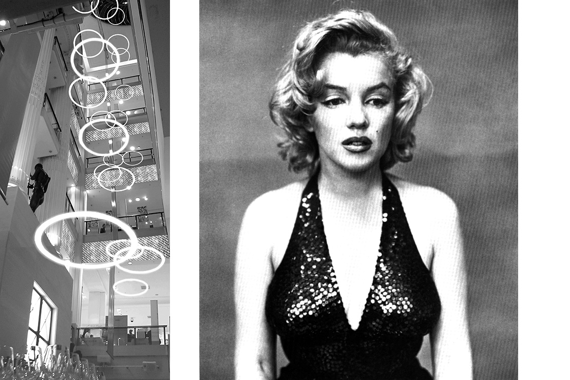 Hoops of LED light reflected in the shimmer disc sequinned panels around the main atrium were programmed to flash and pop upwards like bubbles of champagne.