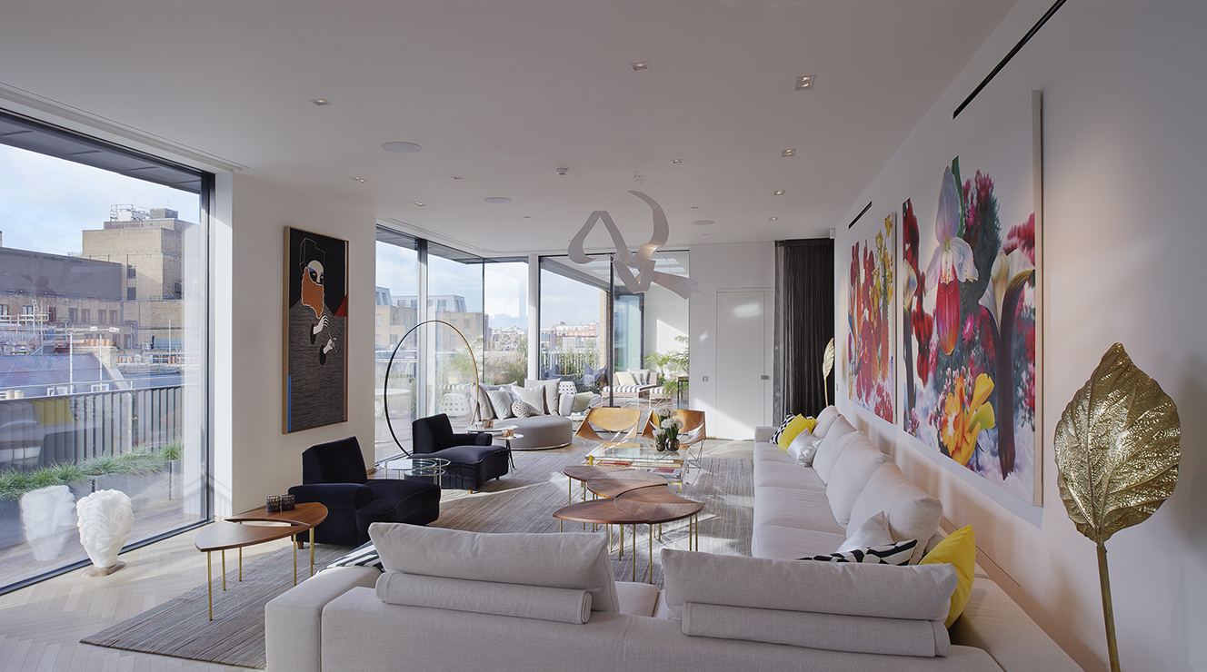 Penthouse living room with winter garden and roof terrace.