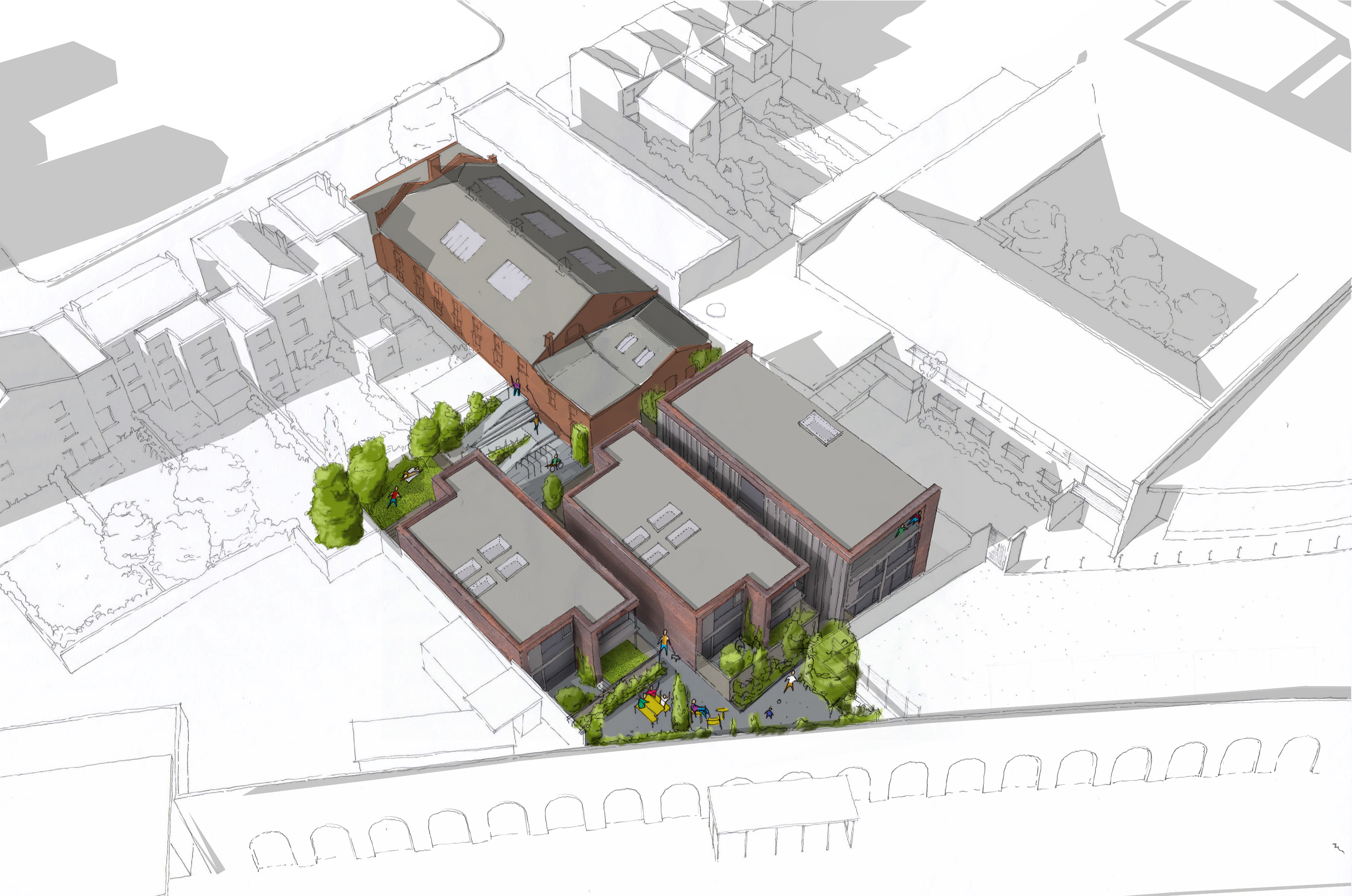 Sketch showing the aerial view of the development with the old sorting office and the new apartment buildings as proposed.