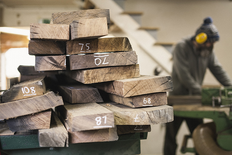 Timber from the wood yard in Croatia was sorted and stacked in the workshop in the Peak District.