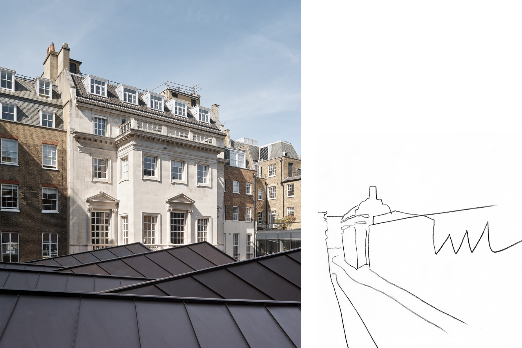 Varying pitches of the undulating bronze roof which defines the gallery volume below. 
Initial concept sketch
