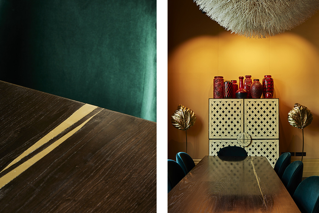 Studio Mackereth designed a bespoke dining table, handmade using 8,000 year old oak and inlaid with brass.