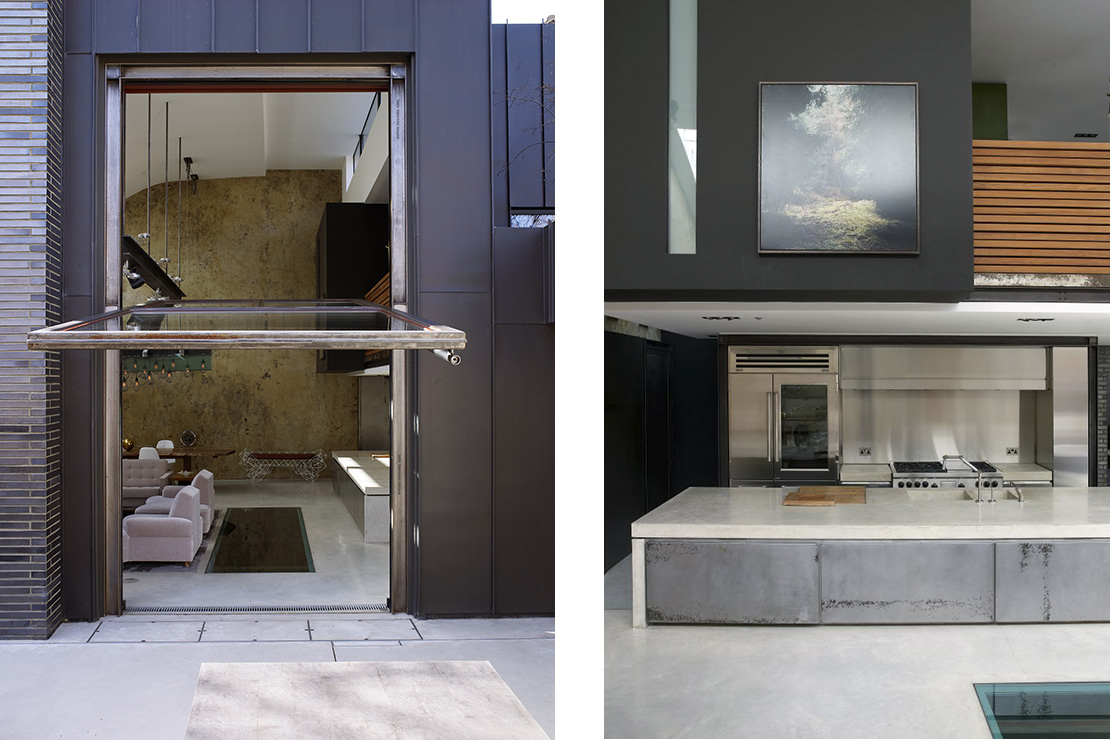 Left: A huge hydraulically-operated door pivots open from the living room into the garden primarily to provide a canopy to enable smokers to enjoy the garden in the rain. Right: The sunken kitchen was inspired by Frank Sinatra's in Palm Springs.