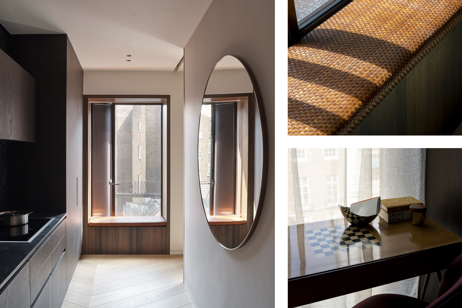 Left: Kitchen with woven leather window seat overlooking The Connaught Hotel