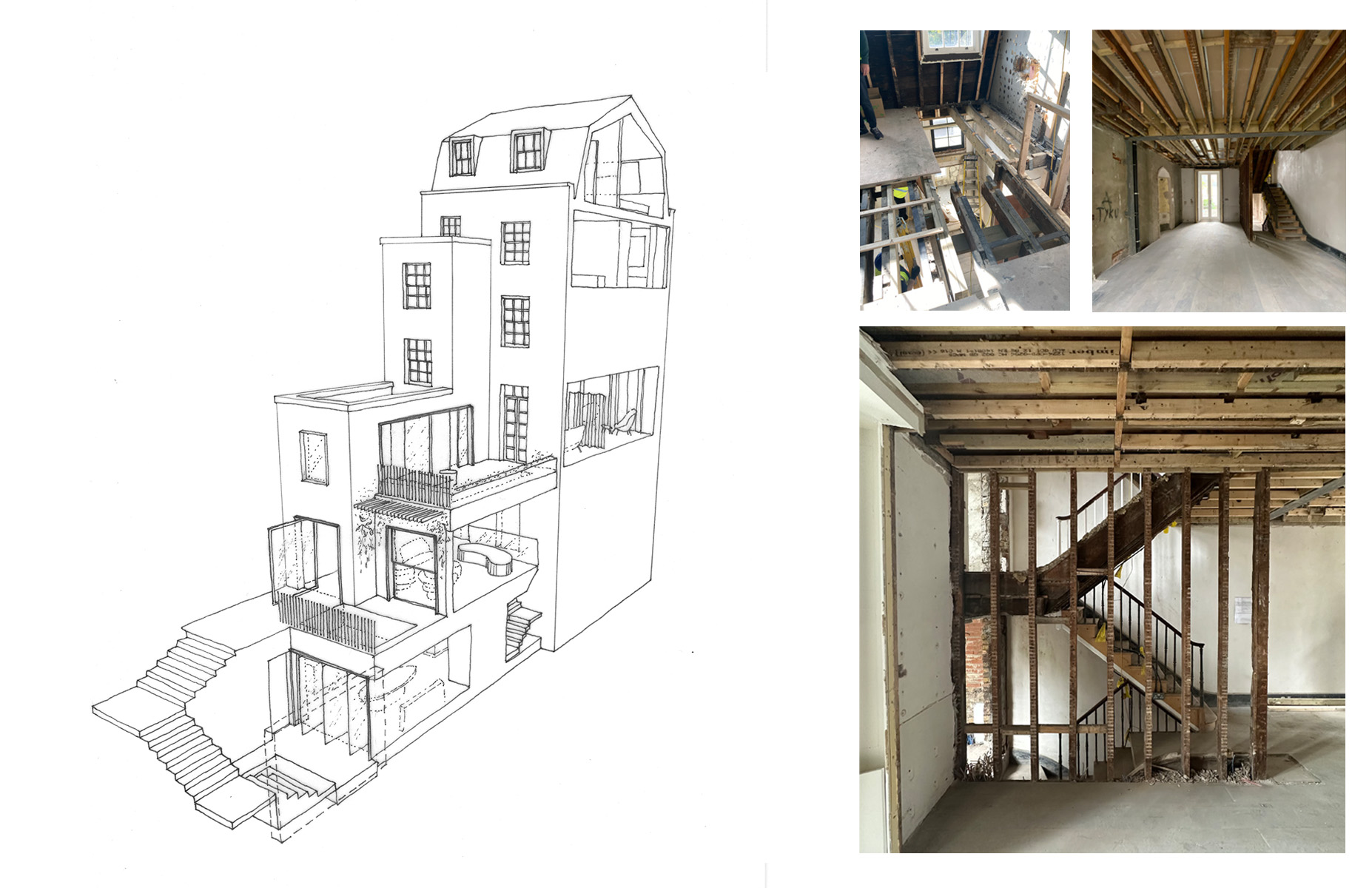 The project looks to articulate a clear distinction between the period building and new contemporary insertions. The floor plates of the Georgian house stack one on top of the other, and a modern extension at the rear of the property has been added which integrates the traditional rooms with new bright living spaces that open on to the garden. The contrasting language of these areas, and the transition from one to another, allows for interesting and playful interconnection of spaces.