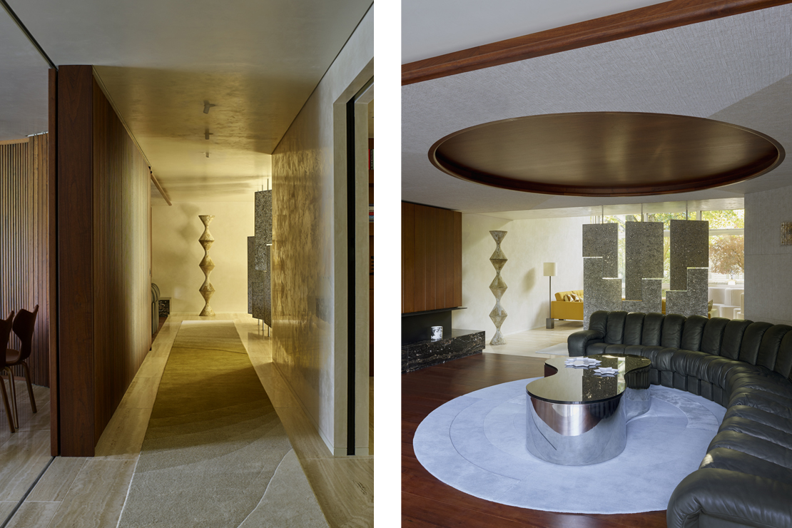 Left: A view down the hallway frames a vintage sculpture. Right: The living area with bespoke pivoting screen and carefully selected vintage pieces