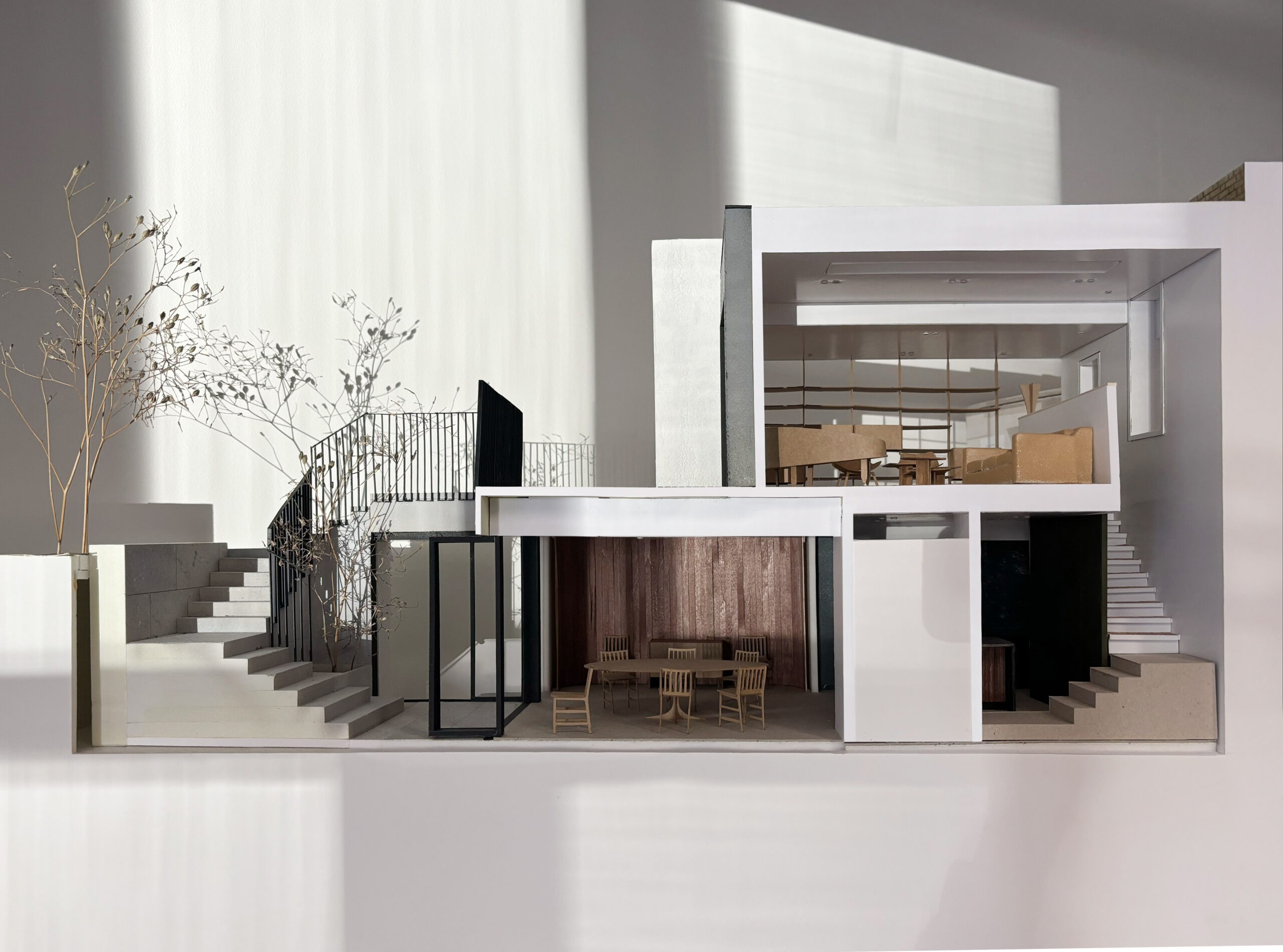 Model view showing the interconnection of the lower ground and ground floors with the newly landscaped garden