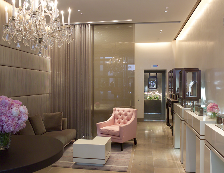The store is disguised as a grand house where cases of rare diamonds have been subtly integrated into the furniture of a comfortable salon.  