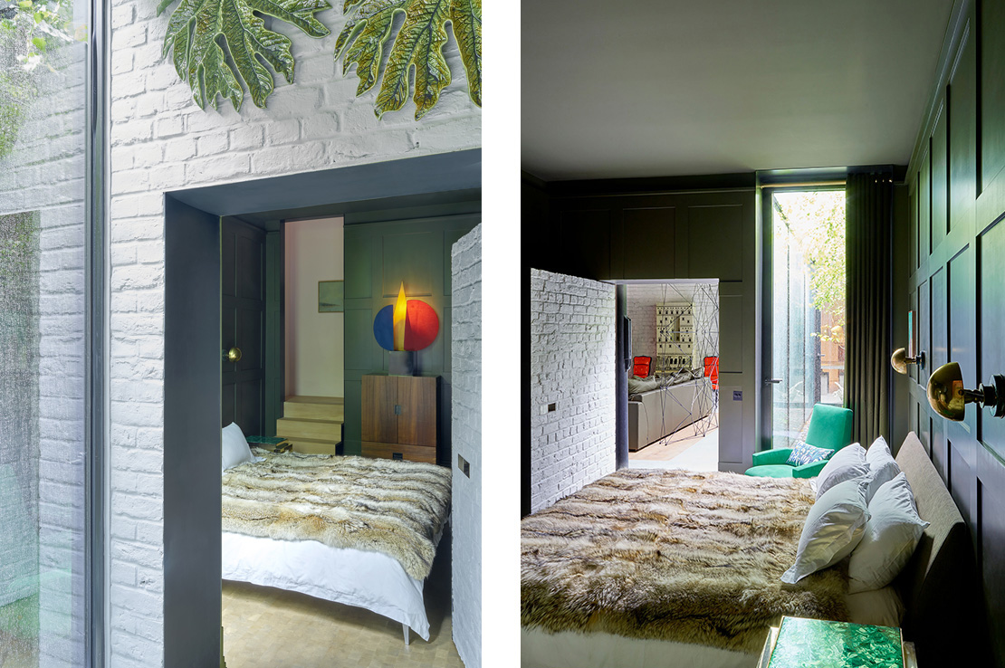 Left: A hinged brick wall concealed in the brickwork opens to reveal the master bedroom. Right: The military green panelling in the master bedroom gives the space a rich dark intimate quality.