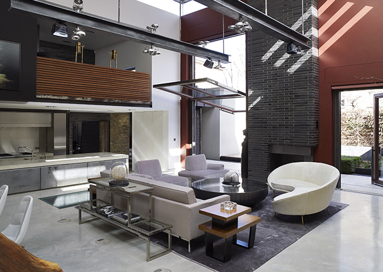 View of the double height living space from the dining area. 