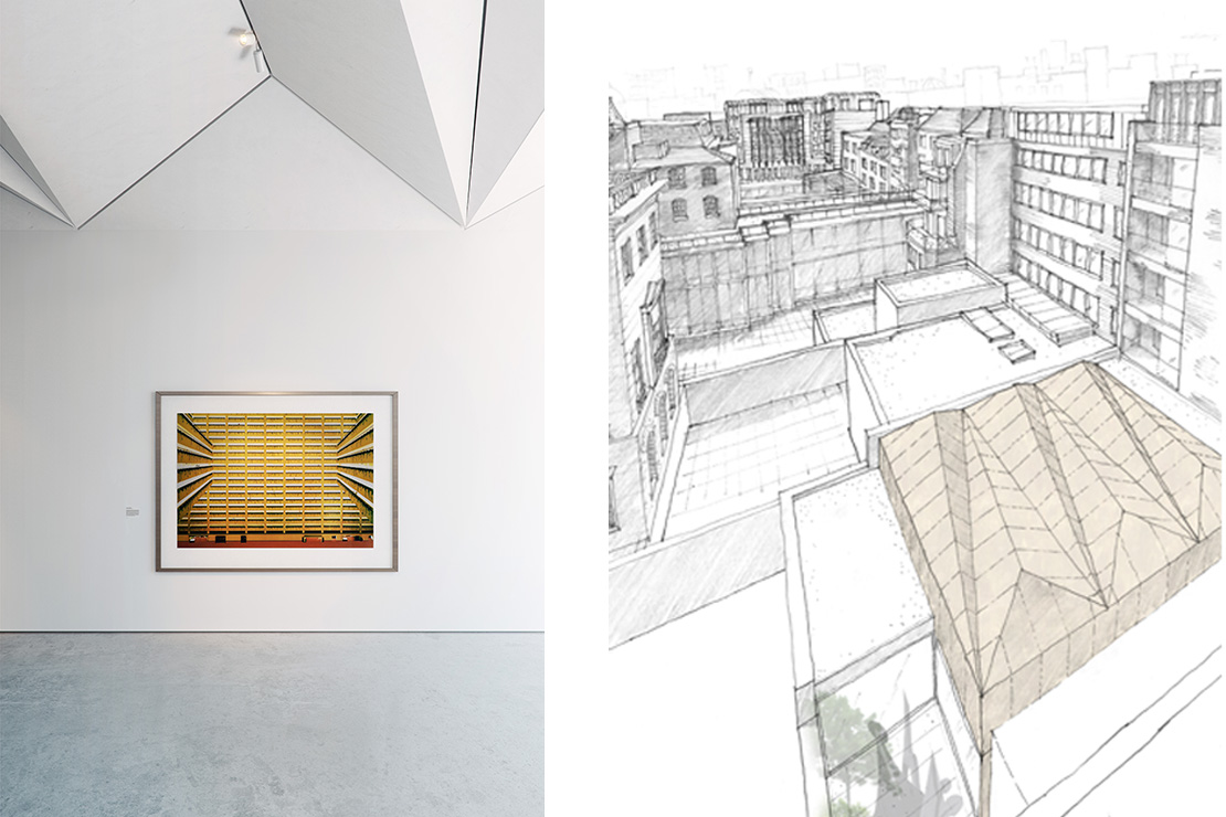 Sketch showing bronze facets of the 'origami' roof over the main gallery space.