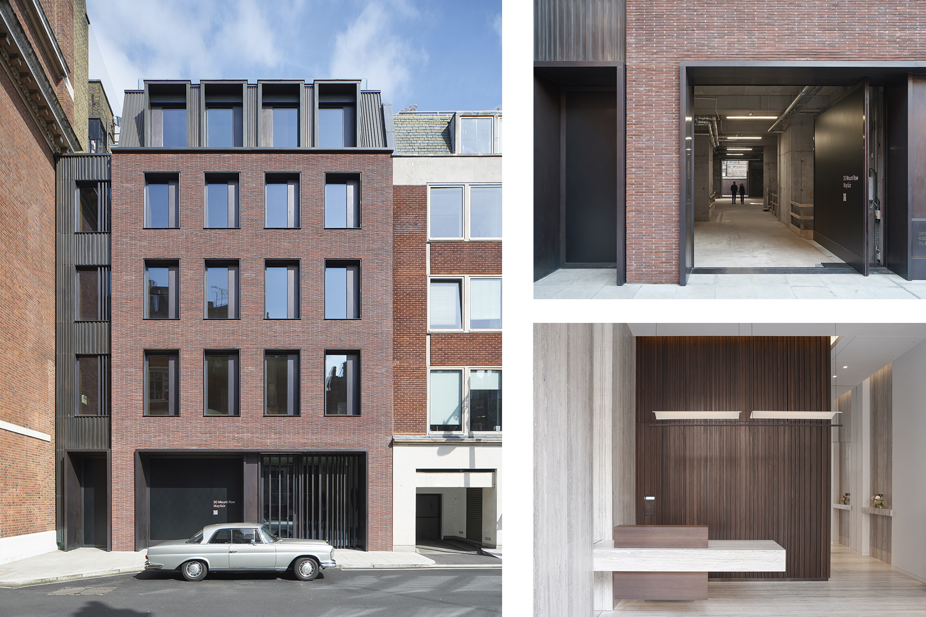 Left: The matt texture of dark roman bricks, handmade in Yorkshire with raked out horizontal mortar joints has been set against the crisp lustre of vertical bronze fins. Top right: Oversized pivot door provides access into the gallery space. Bottom right: The feeling of volume in the lobby to the apartments is enhanced by the striped figuring of the honed slabs of silver travertine on its walls and floor with fumed oak joinery behind a cantilevered travertine desk