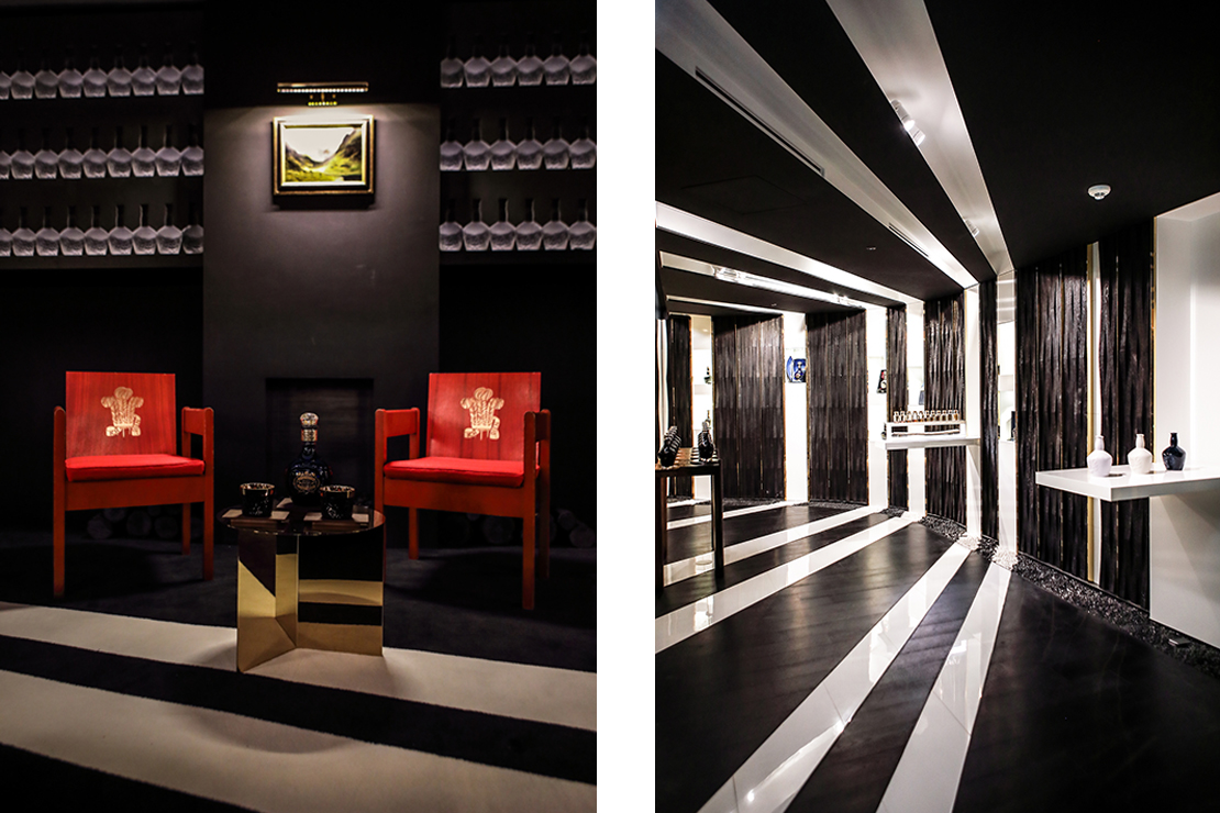 Left: VIP salon guests can sit on an original pair of red chairs designed by the queen's nephew, Lord Snowden, for the investiture of Prince Charles in 1969. Right: Detailed view of the tasting showroom.