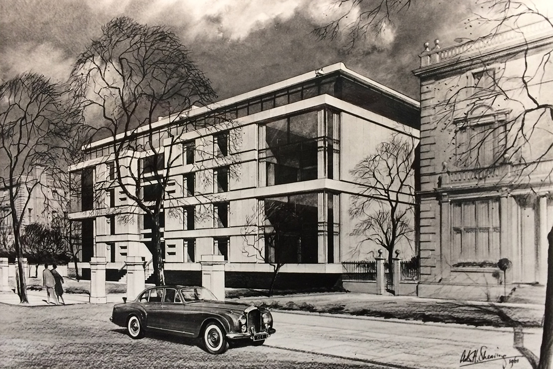 An original 1960s artists impression of the building emphasising the sleek Modernist lines and celebrating the era of the automobile and its significance for urban living at that time.