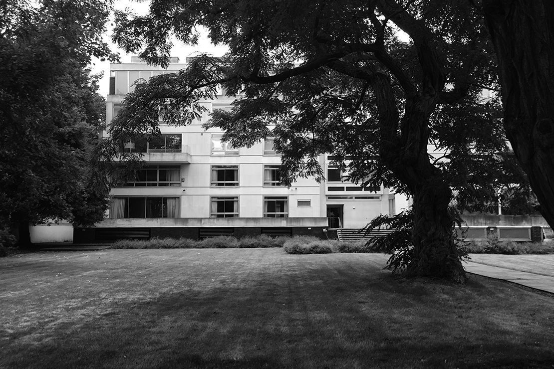 Mature acacia trees frame the view of the building in the private gardens.