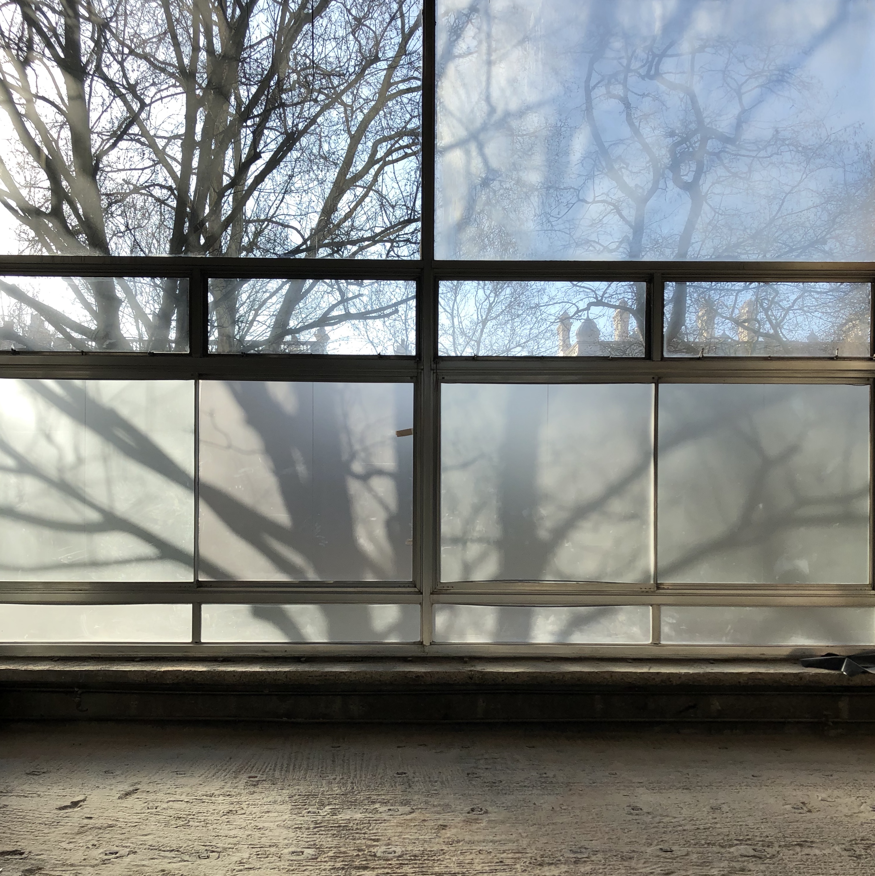 Afternoon sunlight streams through the original double height window of the site currently under construction.